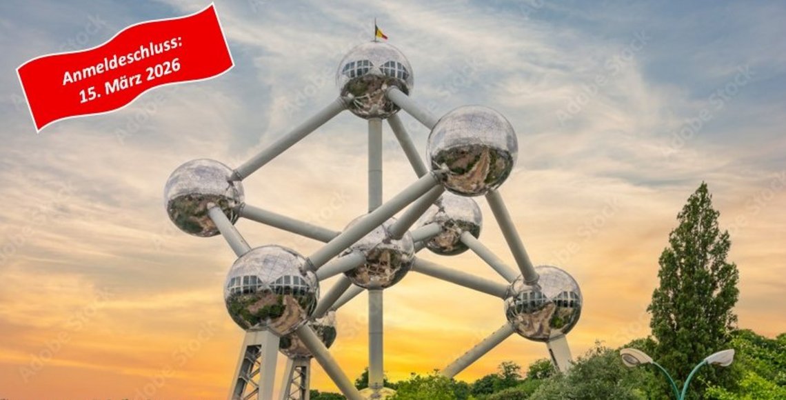 Bild des Atomiums in Brüssel bei Sonnenuntergang mit Bäumen im Vordergrund